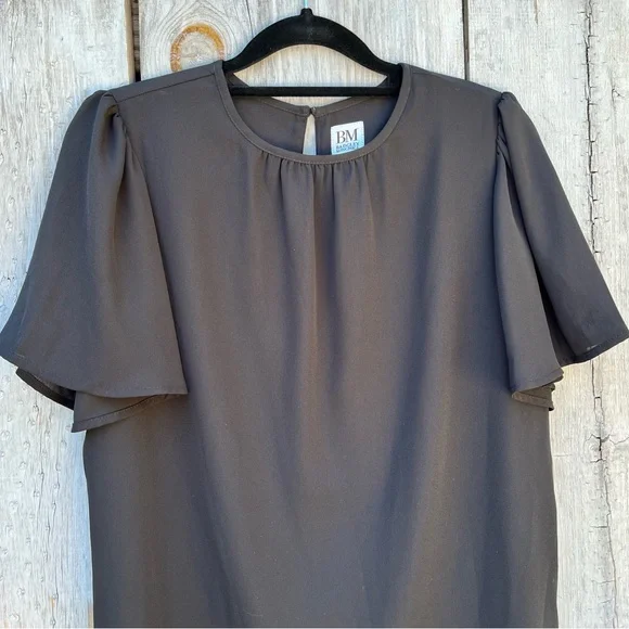 Badgley Mischka black ruffle short sleeve bowtie sash layered lined flowy blouse - Picture 13 of 15